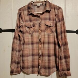 Passport Flannel Pink Plaid Button Up Long Sleeve Size Medium